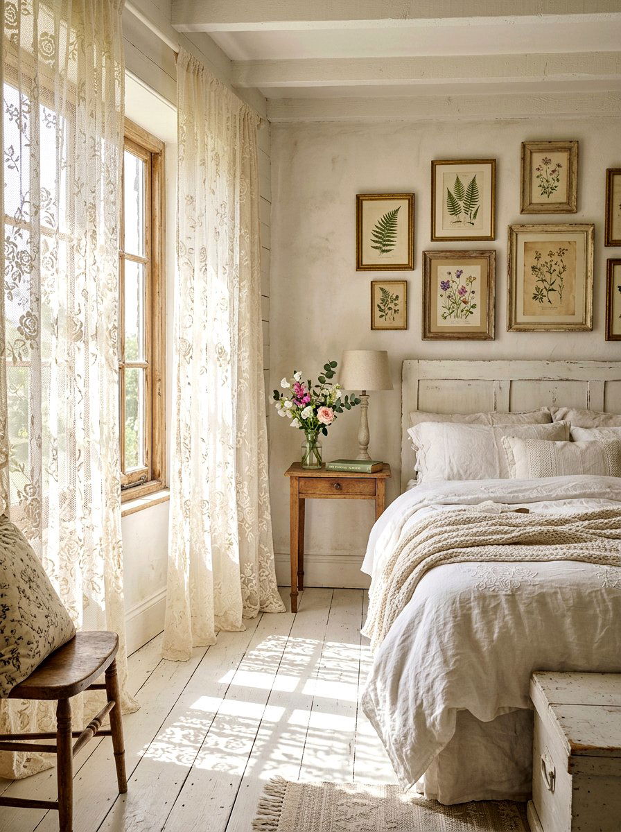 Lace window curtains - 30 romantic cottage bedroom ideas