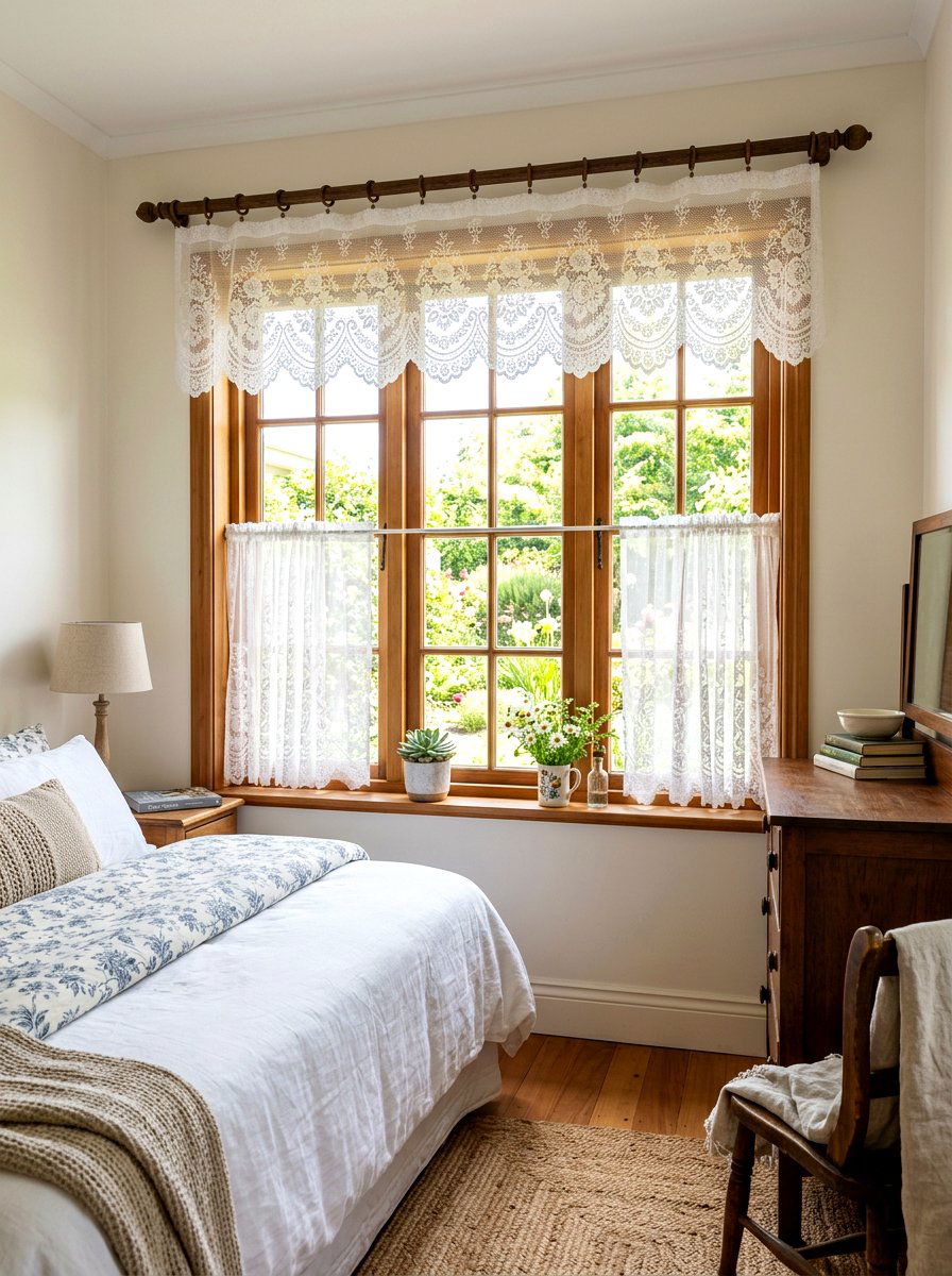 Lace window valance ideas - 30 cottage lace bedroom ideas