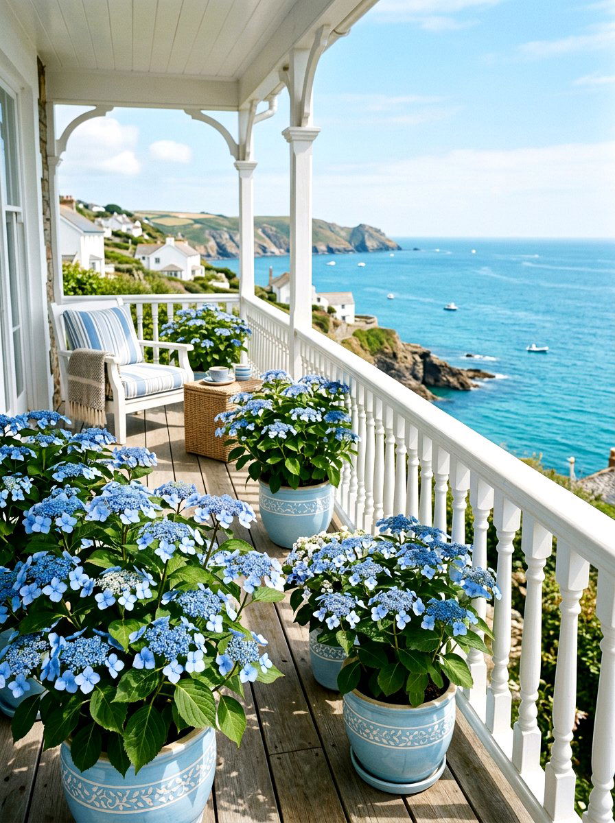 Lacecap Hydrangea Coastal Veranda - 30 front porch hydrangea ideas