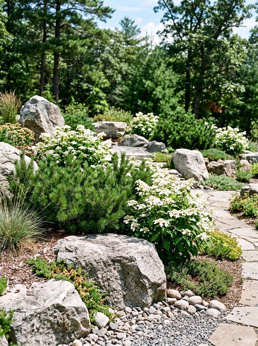 Lacecap hydrangea and dwarf conifer rock garden - 30 evergreen and hydrangea landscape ideas