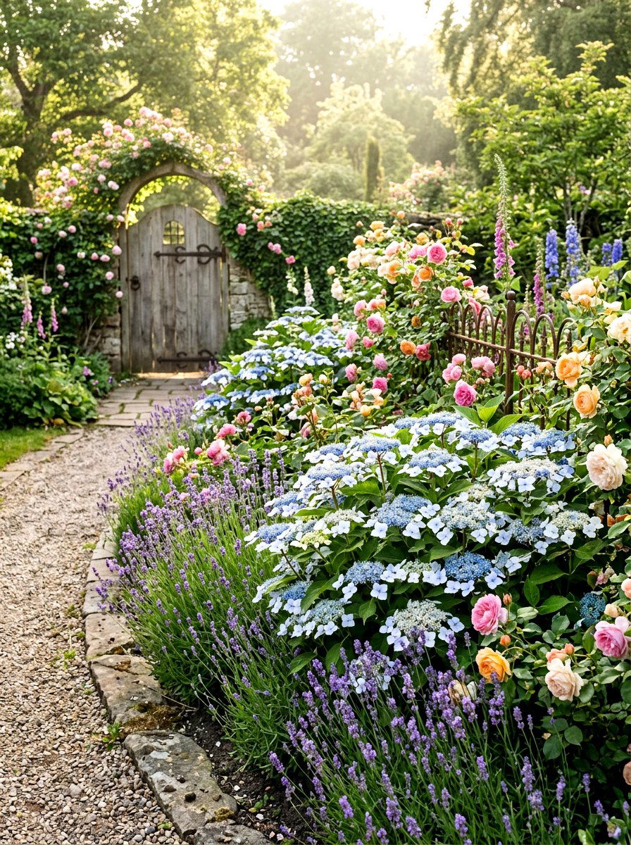 Lacecap hydrangea cottage garden border - 30 hydrangea hedge ideas