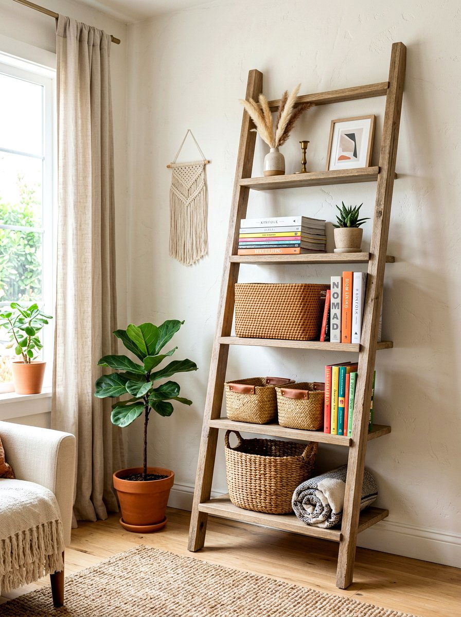 Ladder Bookshelf Display - 30 office backdrop shelf ideas