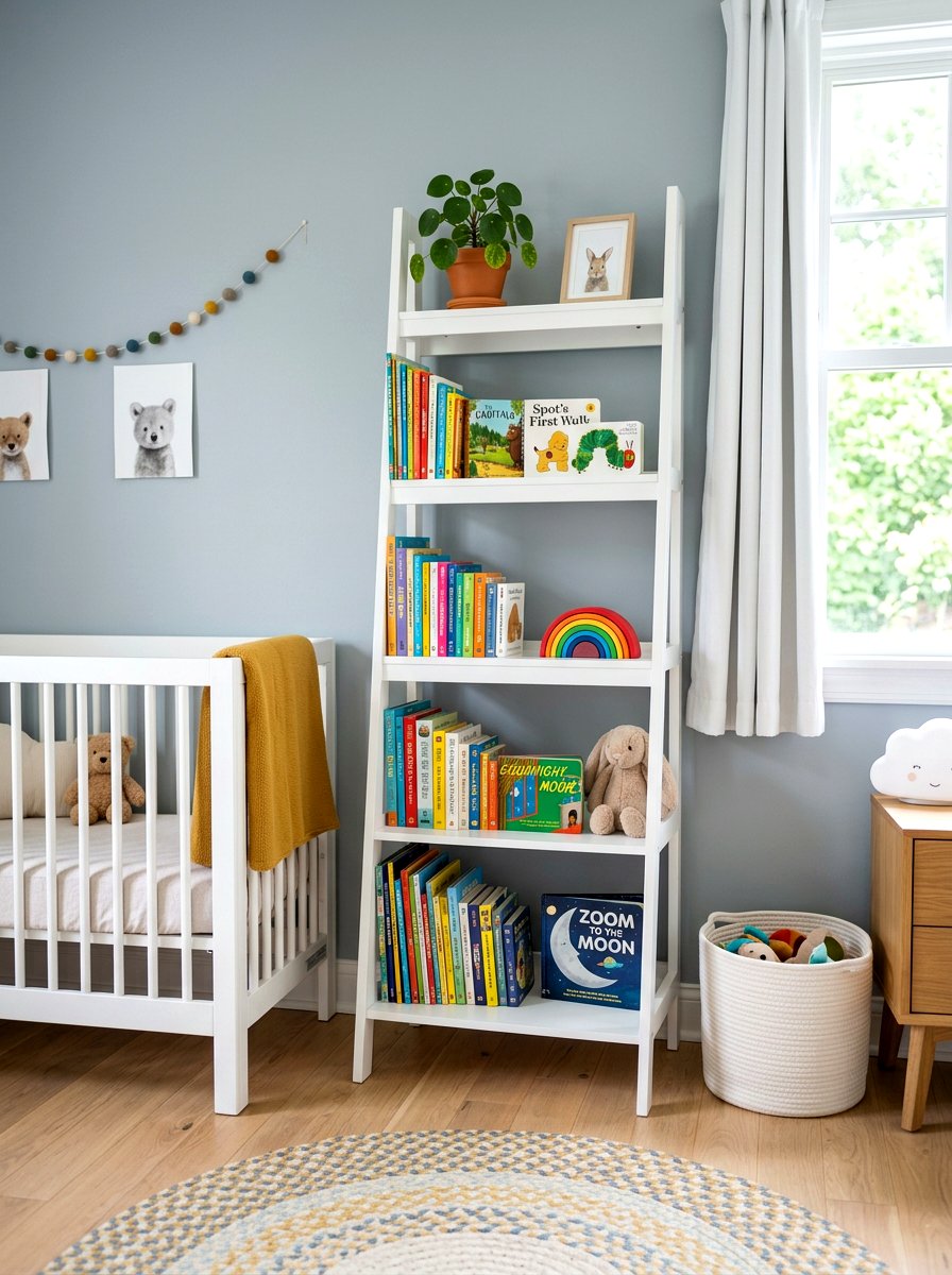 Ladder Bookshelf Unit - 30 toddler bedroom storage ideas