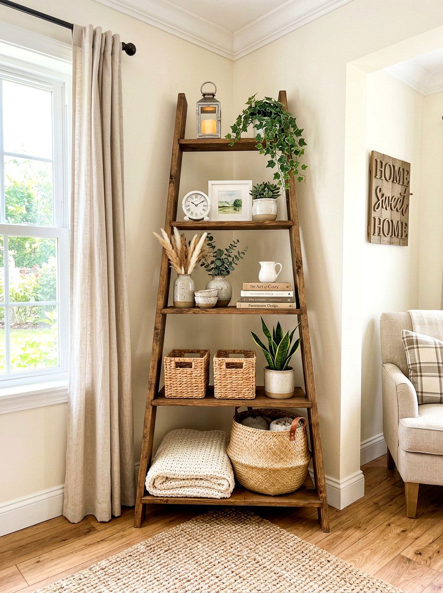 Ladder Corner Shelf Stand - 30 living room corner shelf ideas