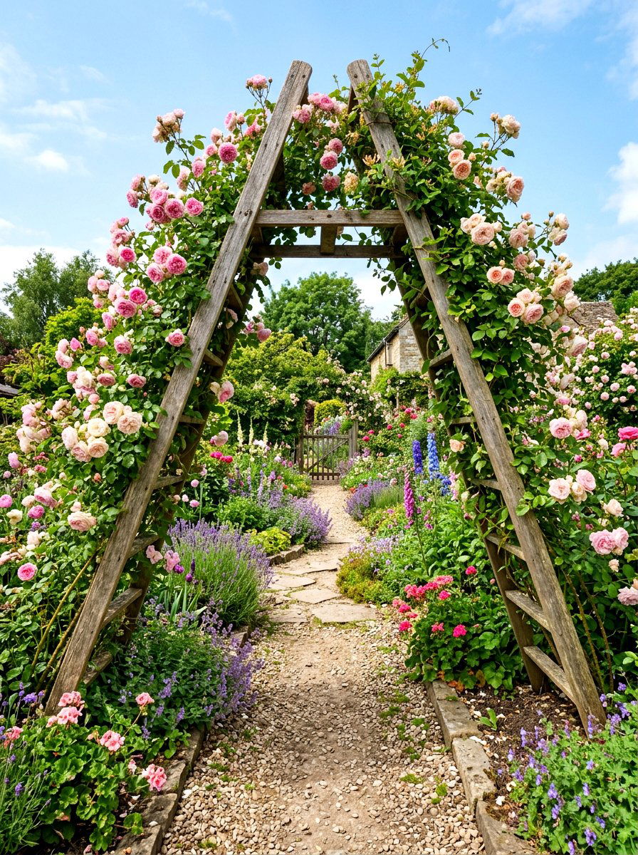 Ladder Garden Archway - 30 repurposed ladder garden ideas
