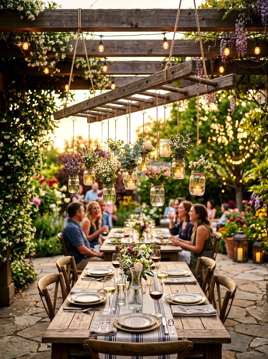 Ladder Mason Jar Hanger - 30 repurposed ladder garden ideas