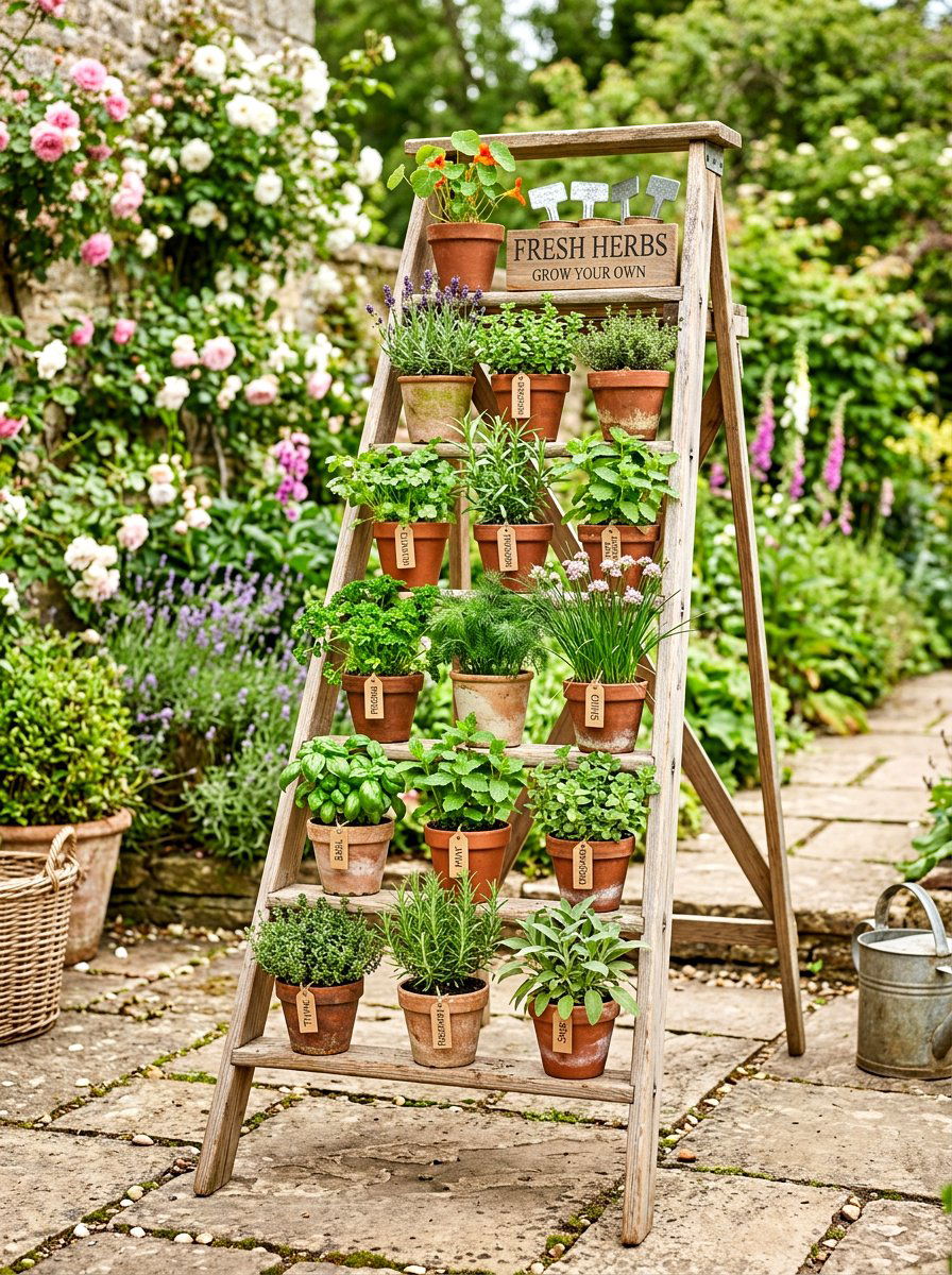 Ladder Plant Display - 30 greenhouse shelving layout ideas