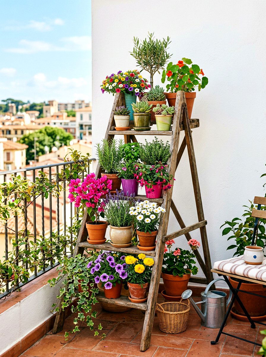 Ladder Plant Shelf - 30 small apartment balcony garden ideas