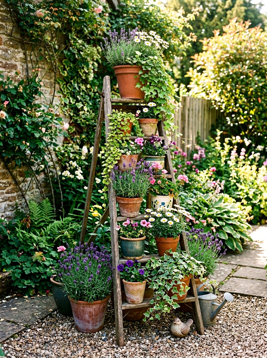 Ladder Plant Stand - 30 vertical flower garden ideas