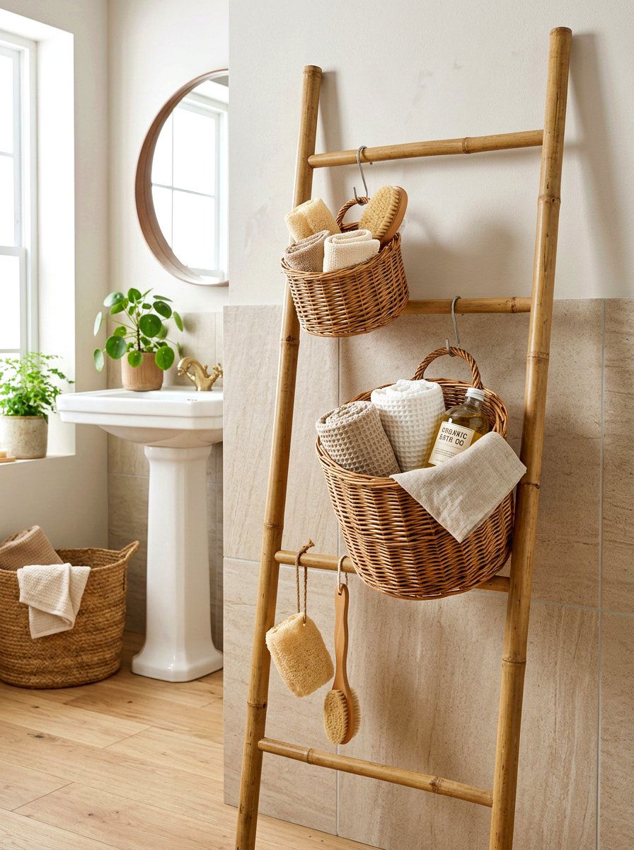 Ladder Rack Hanging Willow Basket - 30 bathroom basket storage ideas