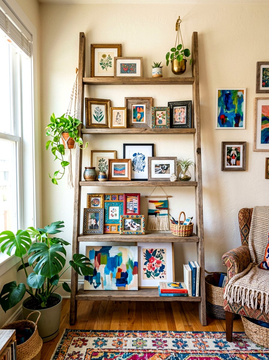 Ladder Shelf Art - 30 leaning art wall ideas