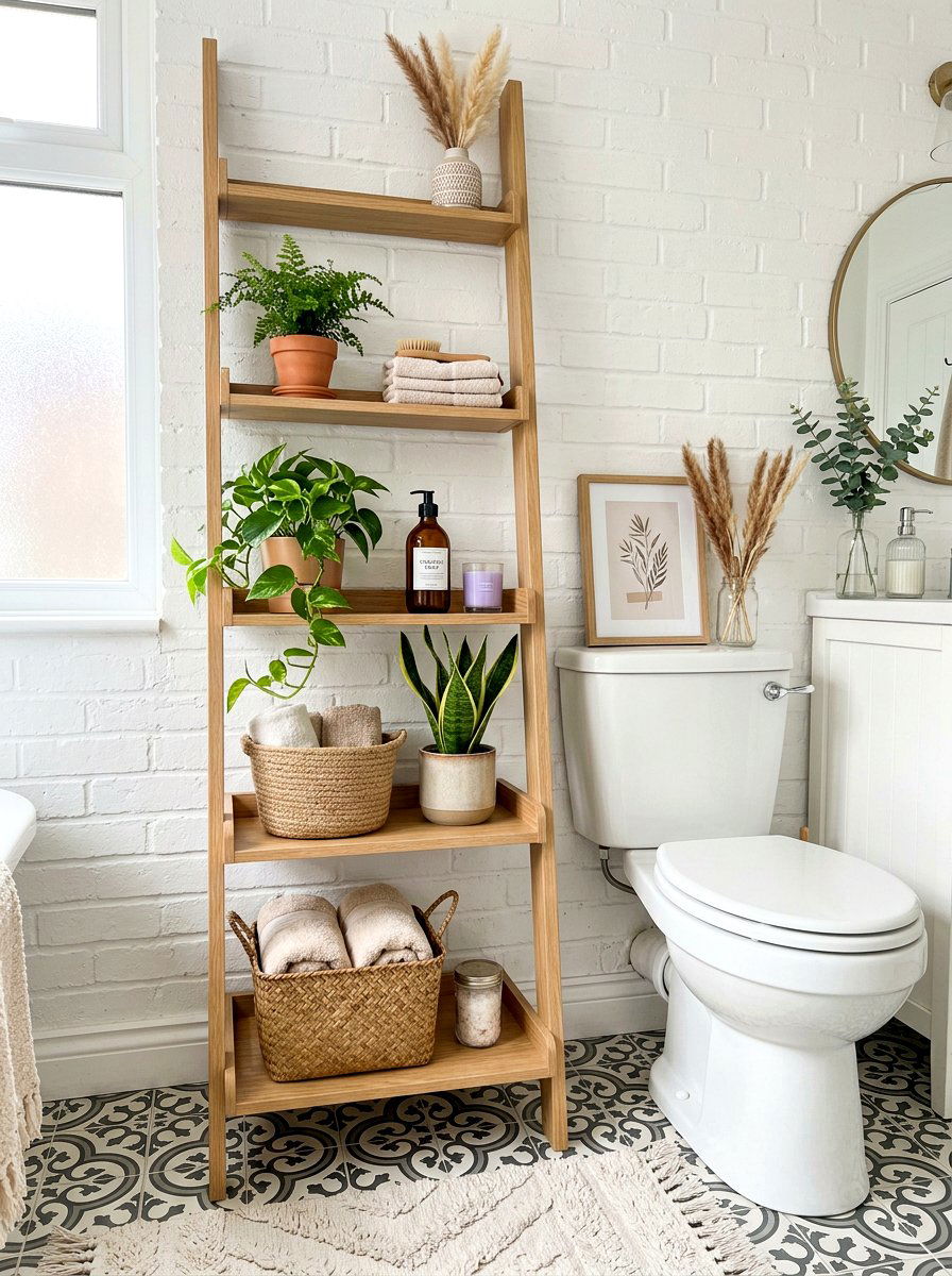 Ladder Shelf Bathroom Storage - 30 small rental bathroom ideas