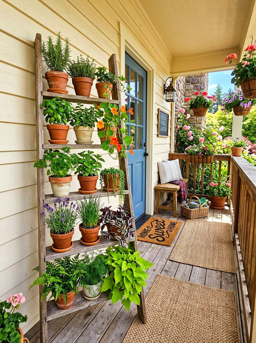Ladder Shelf Display - 30 small space container garden ideas