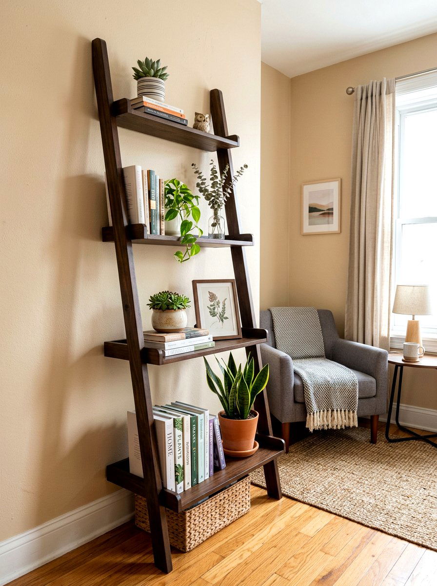 Ladder Shelf Display Storage - 30 studio apartment storage ideas