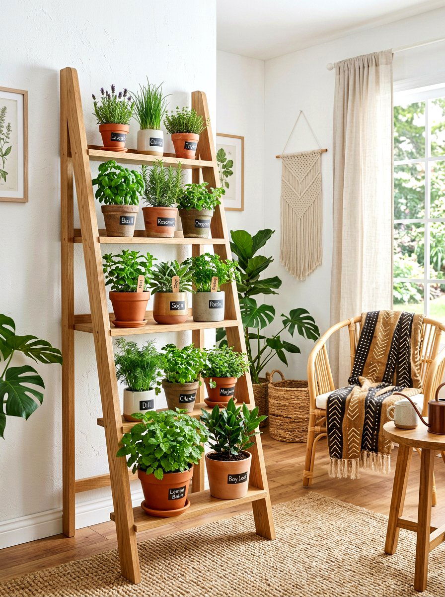 Ladder Shelf Herb Display - 30 small herb garden ideas