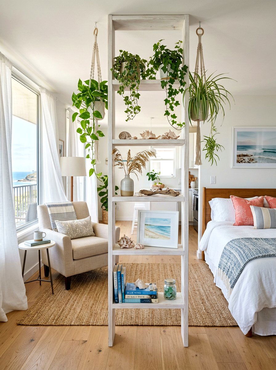 Ladder Shelf Partition - 30 studio apartment divider shelf ideas