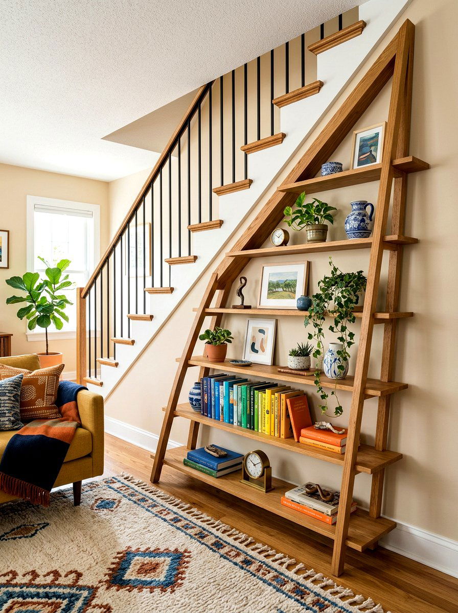 Ladder Style Tapered Under Stair Shelves - 30 under staircase bookshelf ideas