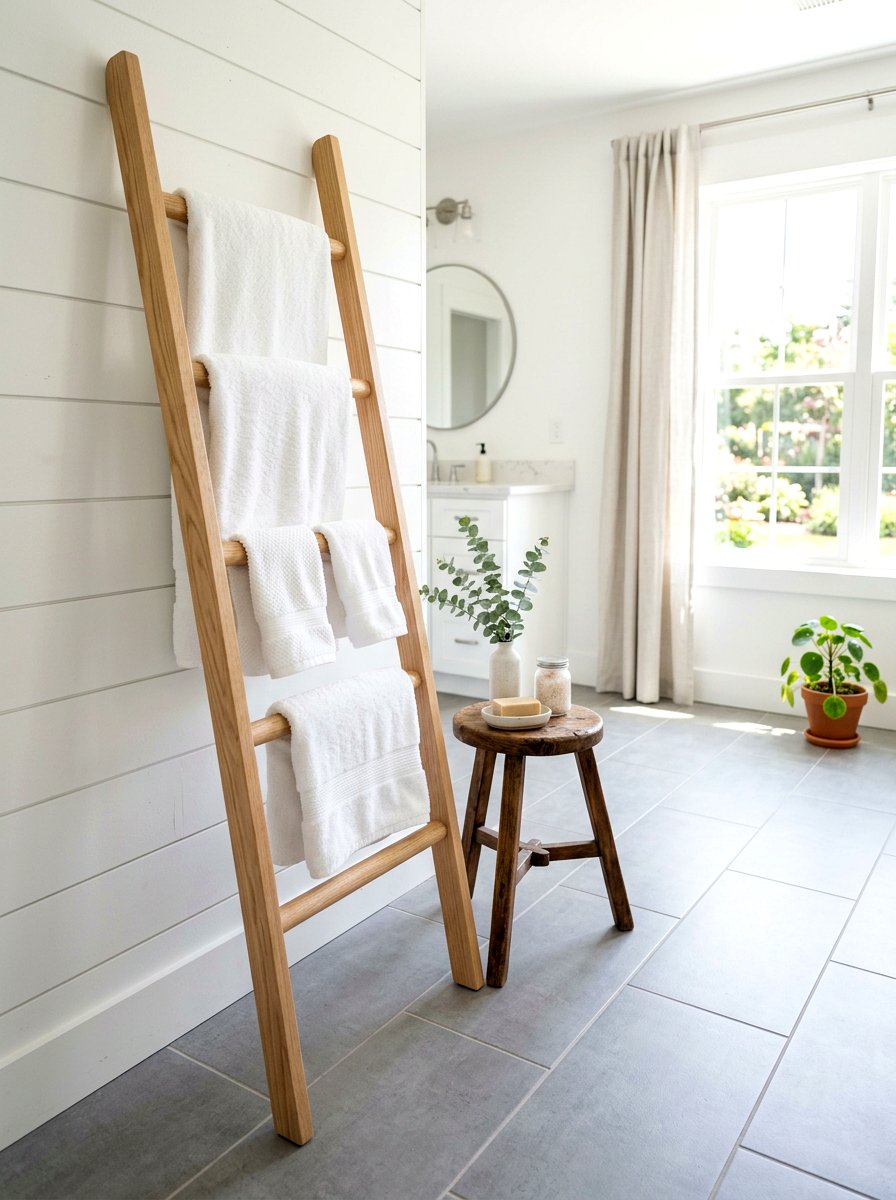 Ladder Towel Rack - 30 tiny house bathroom ideas