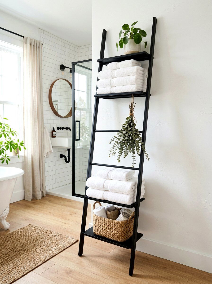 Ladder Towel Storage Shelf - 30 bathroom shelf decor ideas