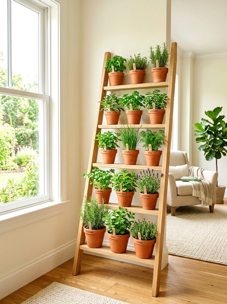 Ladder herb garden shelf - 30 apartment herb garden ideas