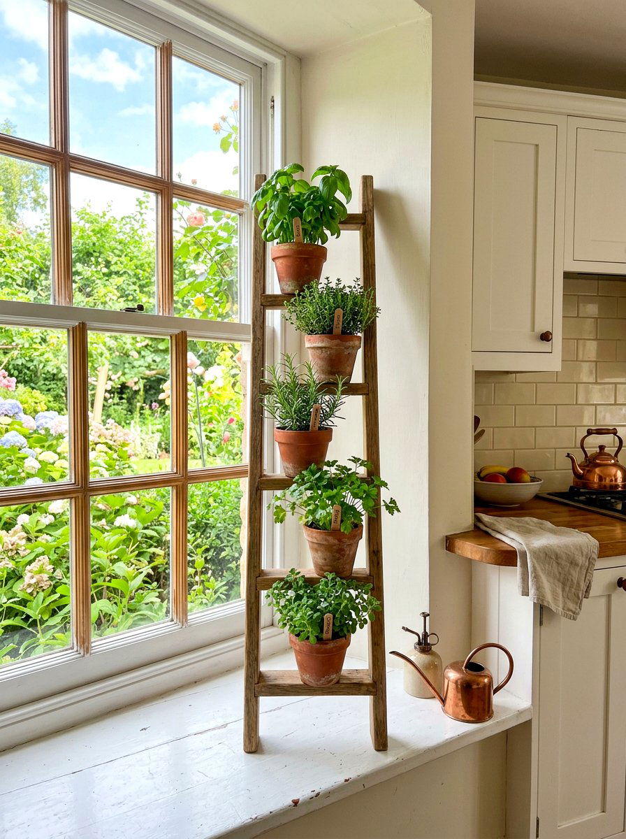 Ladder herb stand - 30 windowsill herb garden ideas