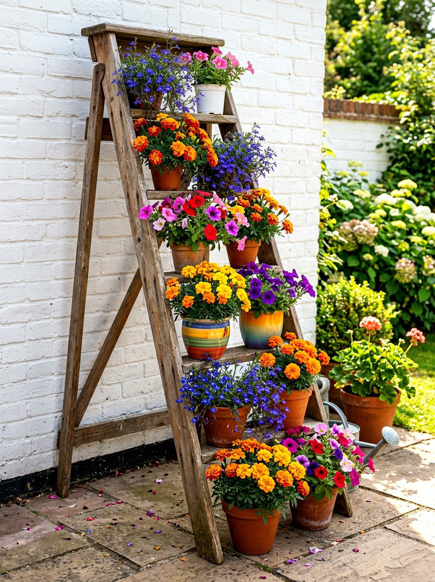 Ladder plant stand - 30 flower container garden ideas