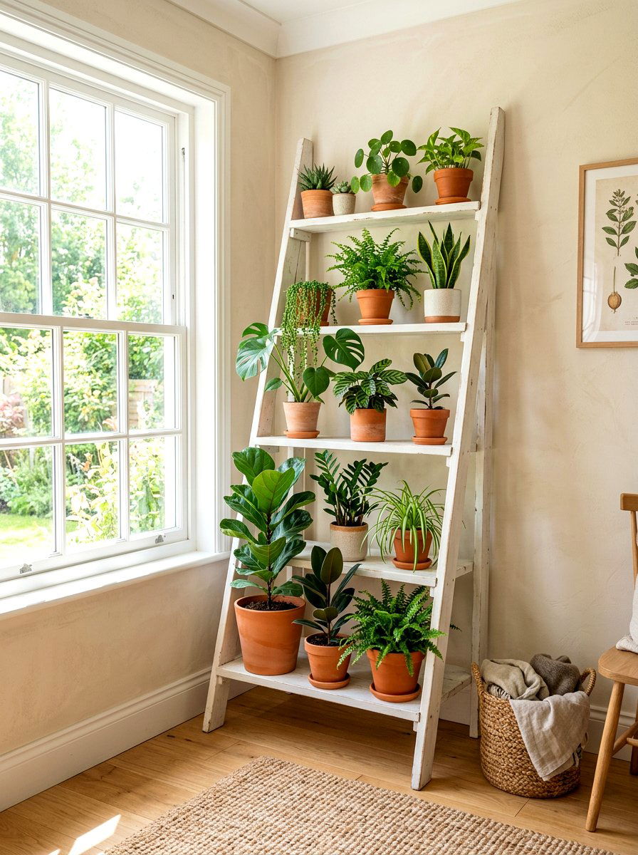 Ladder plant stand against wall - 30 indoor plant wall ideas