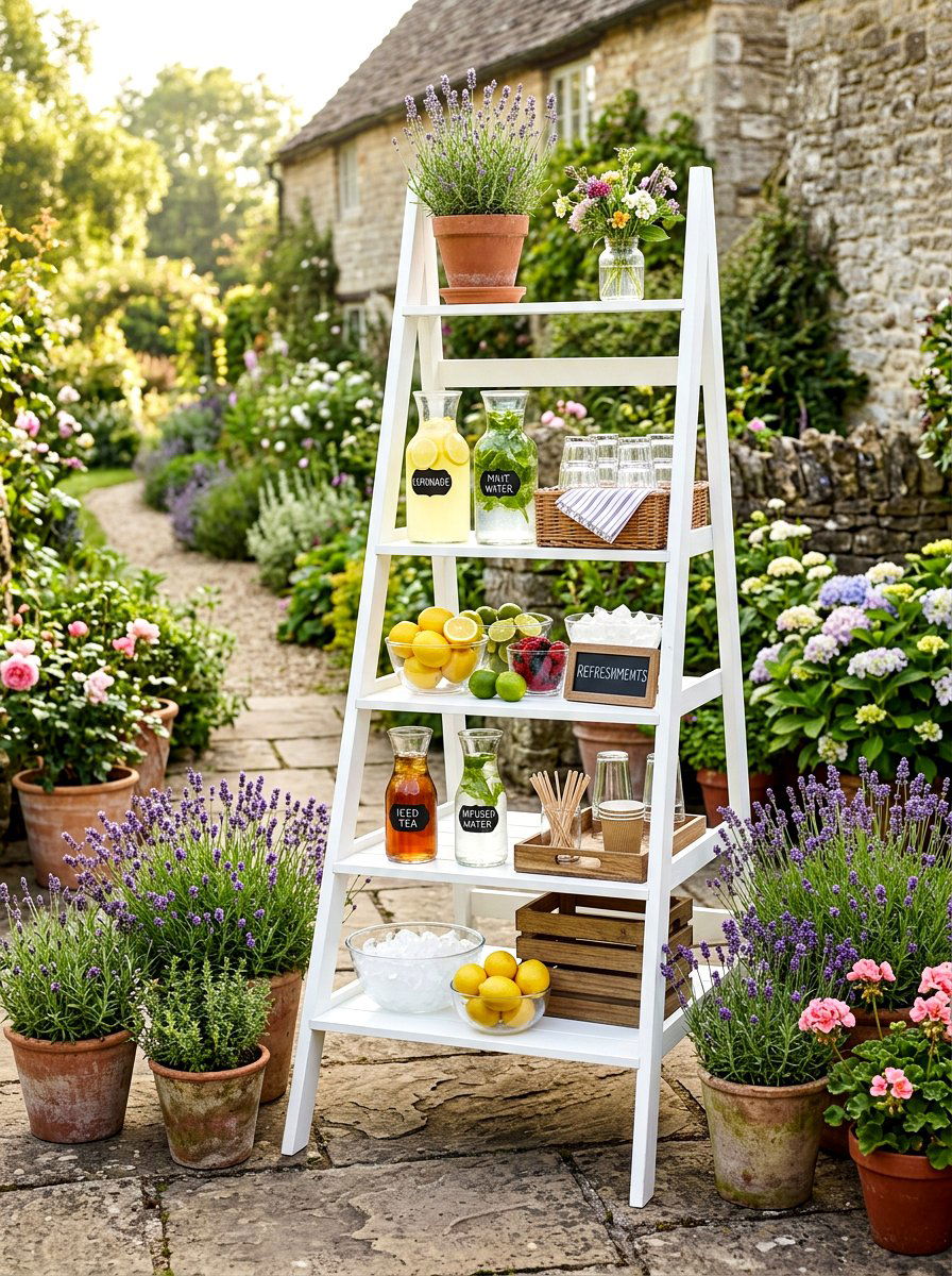 Ladder shelf drink display - 30 drink station patio ideas