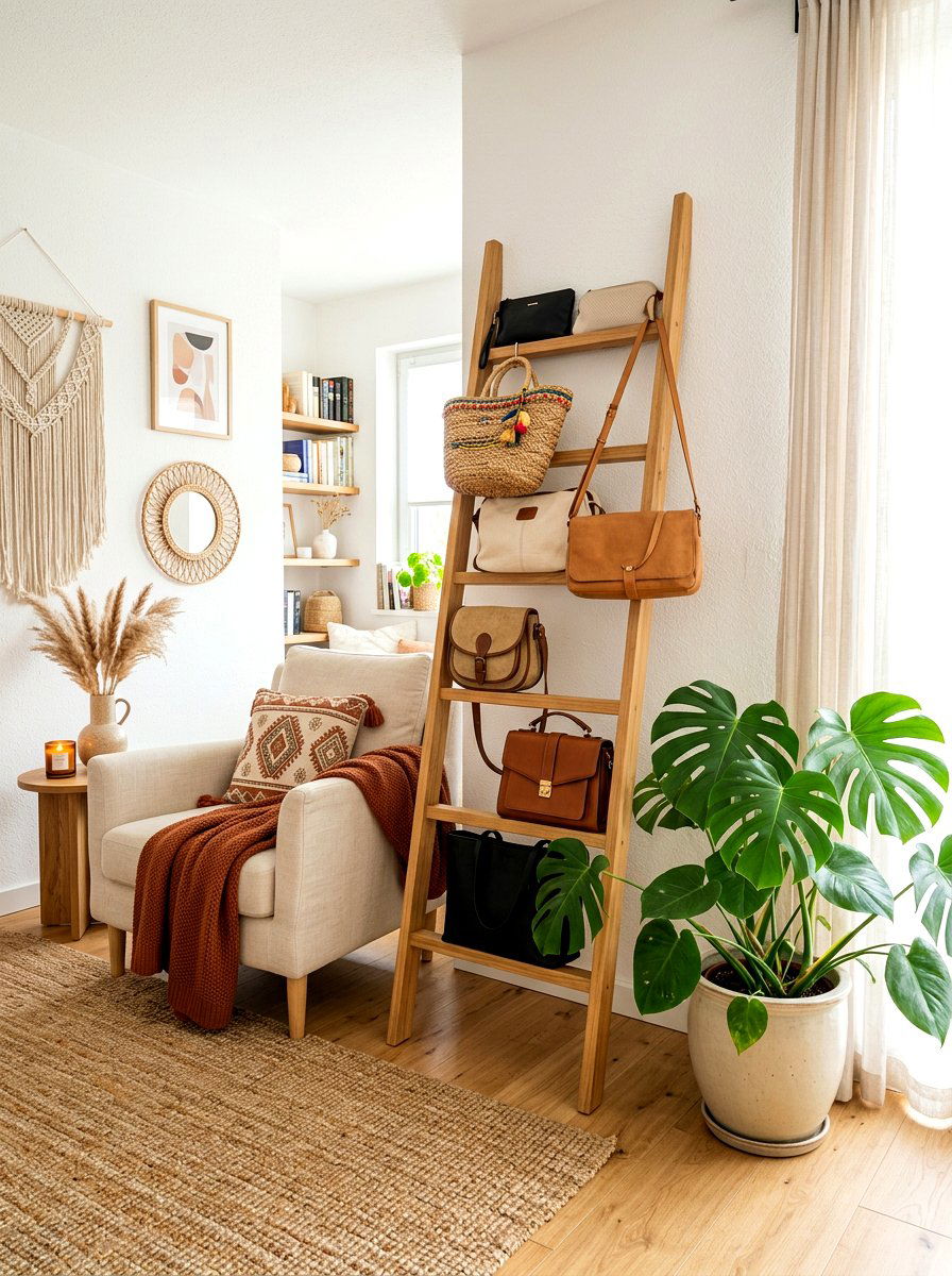 Ladder shelf for handbags - 30 purse display closet ideas