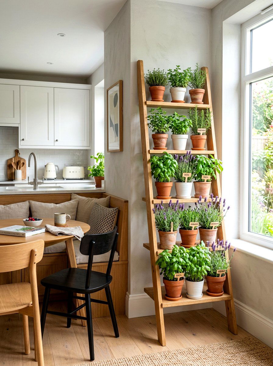 Ladder shelf herb garden - 30 kitchen herb shelf ideas