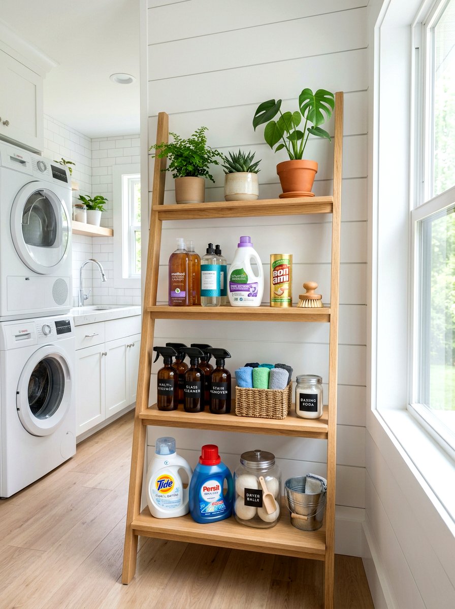 Ladder shelf organization display - 30 green cleaning station ideas