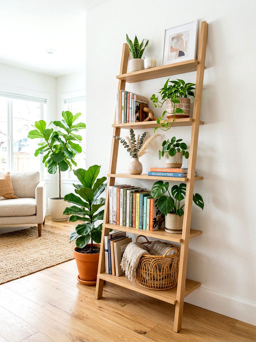 Ladder shelf organizer - 30 minimalist bedroom storage ideas