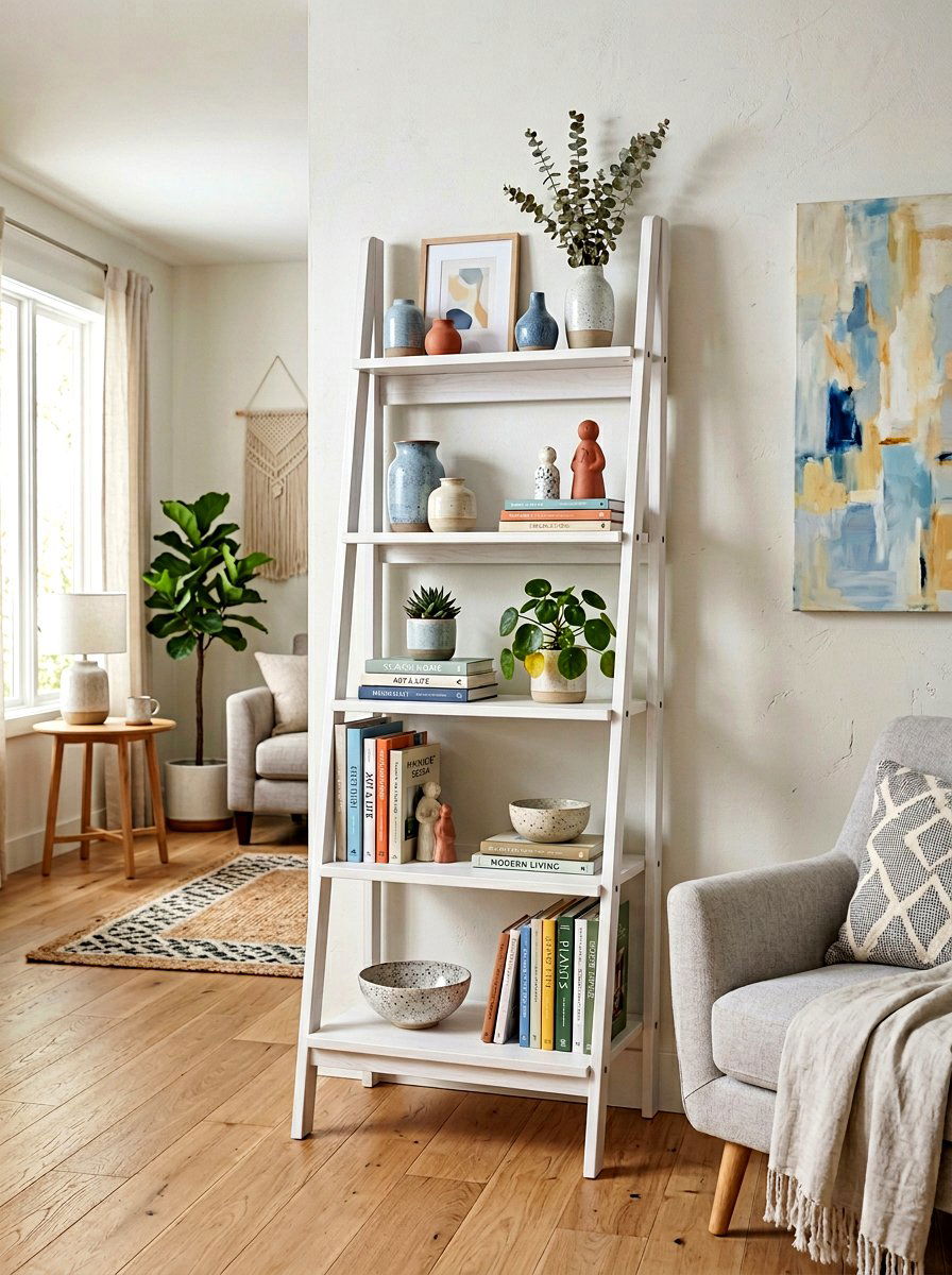 Ladder shelf wall decor - 30 small living room ideas
