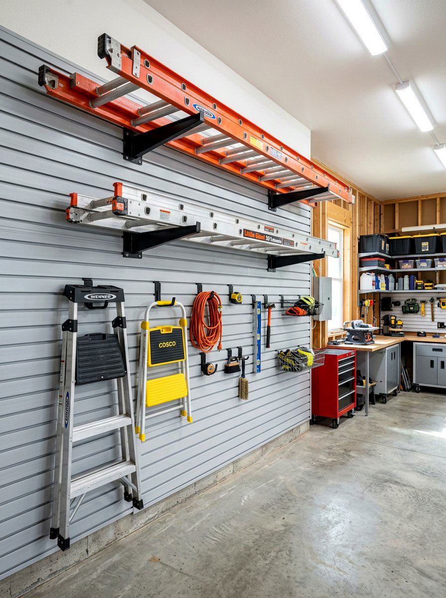 Ladder storage and organization - 30 garage slatwall ideas