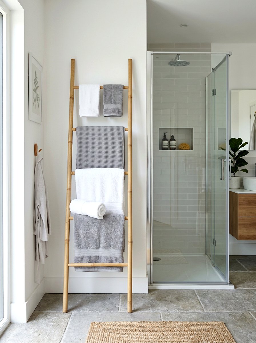Ladder towel rack - 30 serene bathroom decor ideas
