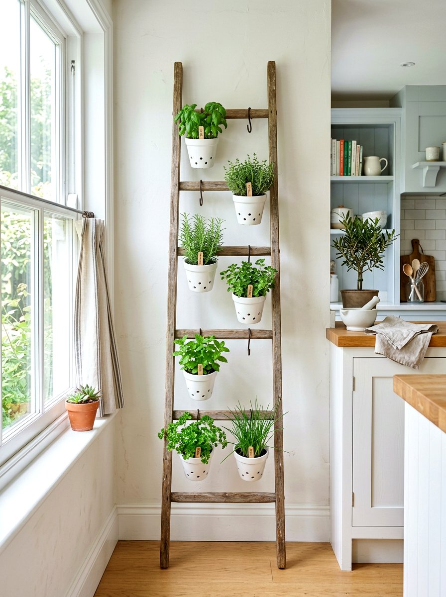 Ladder with hanging pots - 30 herb garden planter ideas