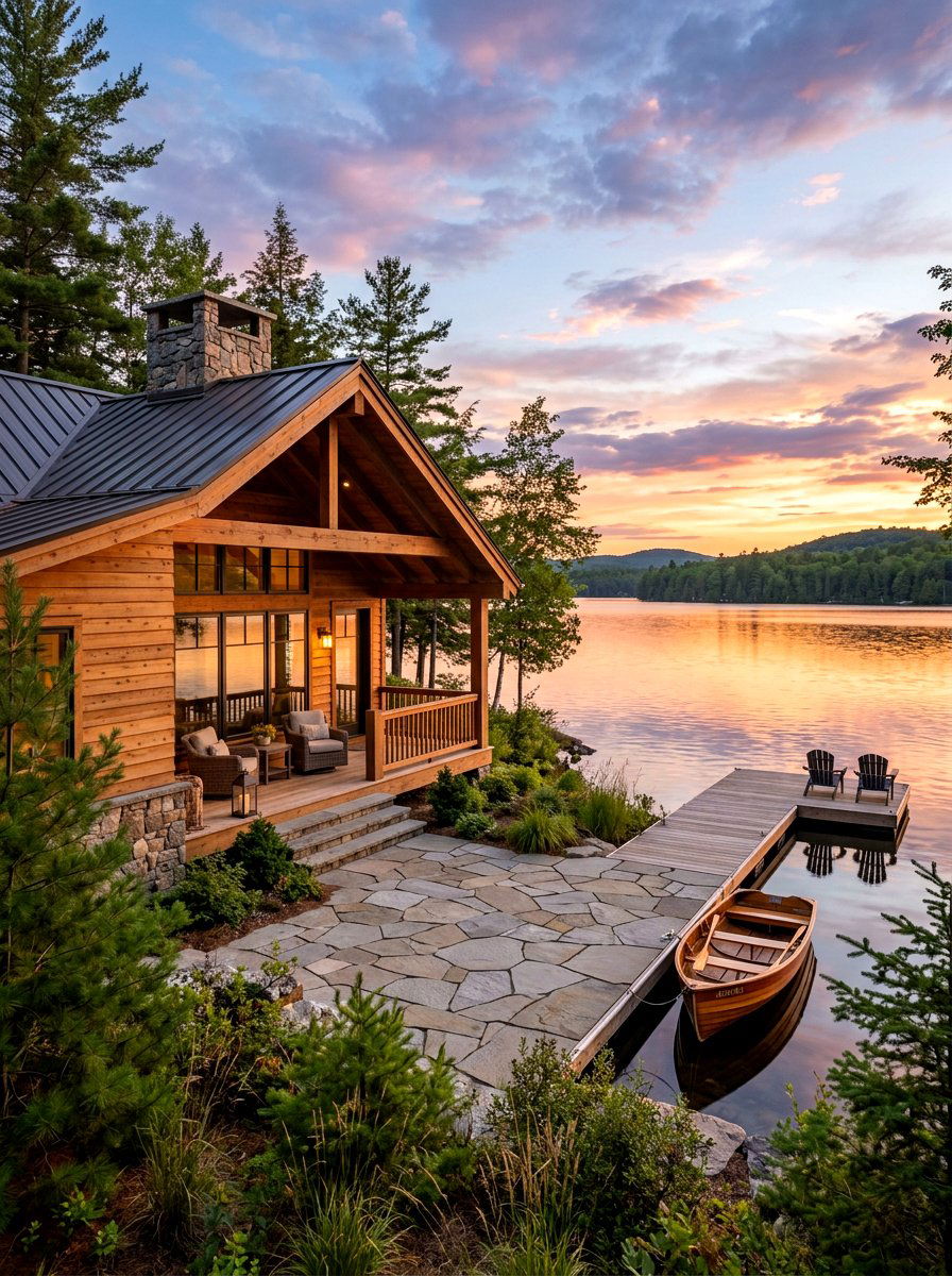 Lake House With Natural Wood And Flat Stone - 30 stone and wood exterior ideas