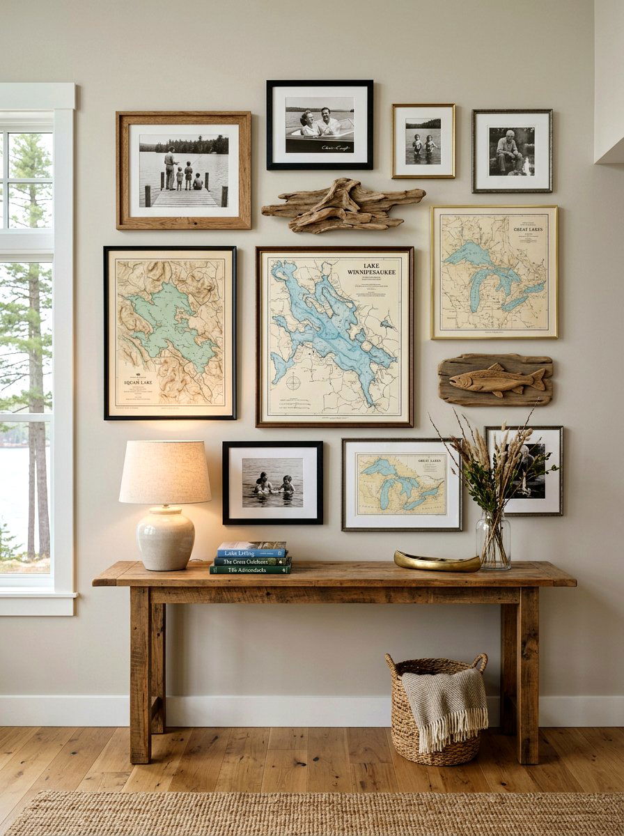 Lake house gallery wall - 30 lake cabin decor ideas