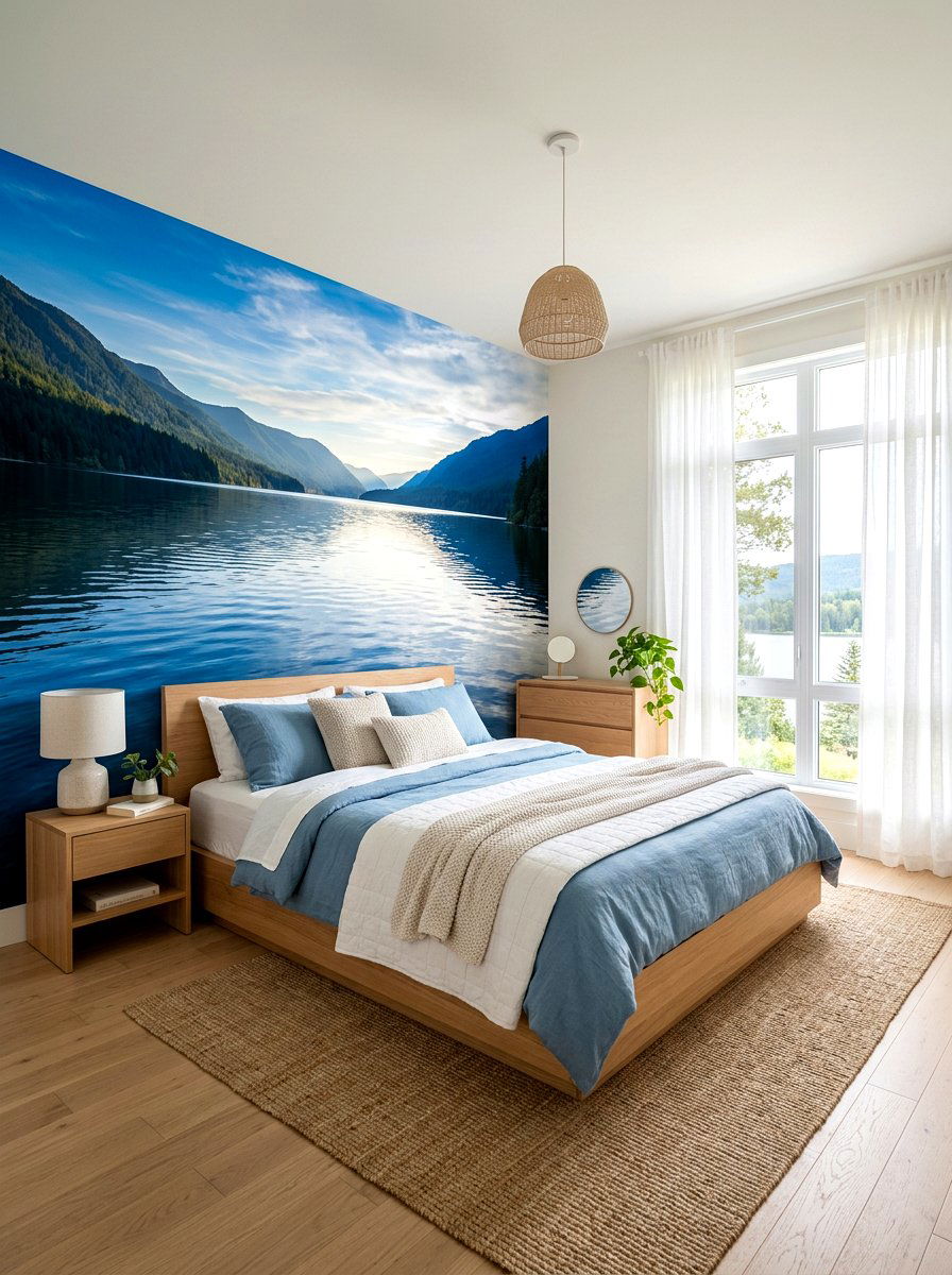Lake view wall mural - 30 landscape mural bedroom ideas