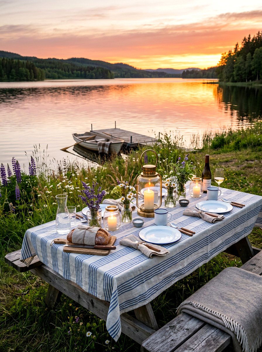 Lakeside dinner table arrangement - 30 sunset dinner table ideas