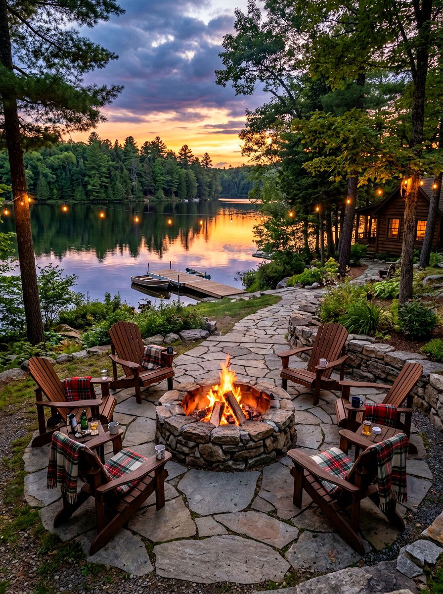 Lakeside outdoor fire pit - 30 lake cabin decor ideas