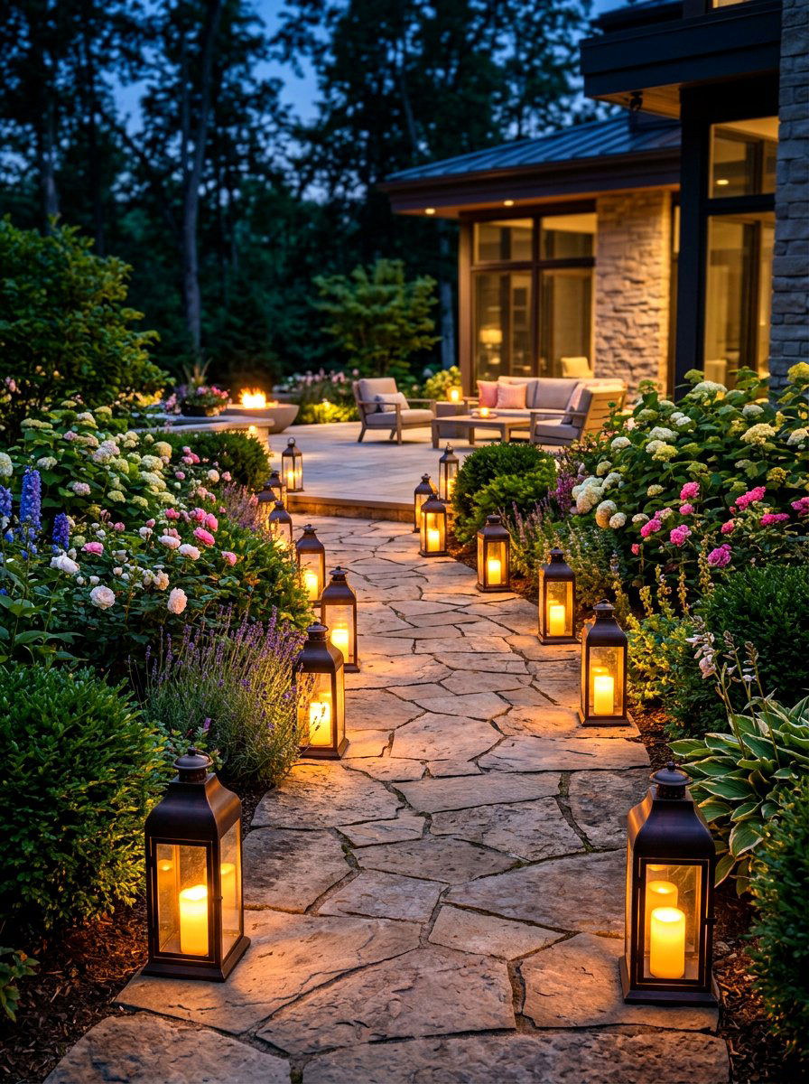 Lantern Lit Pathway - 30 sunset hosting patio ideas