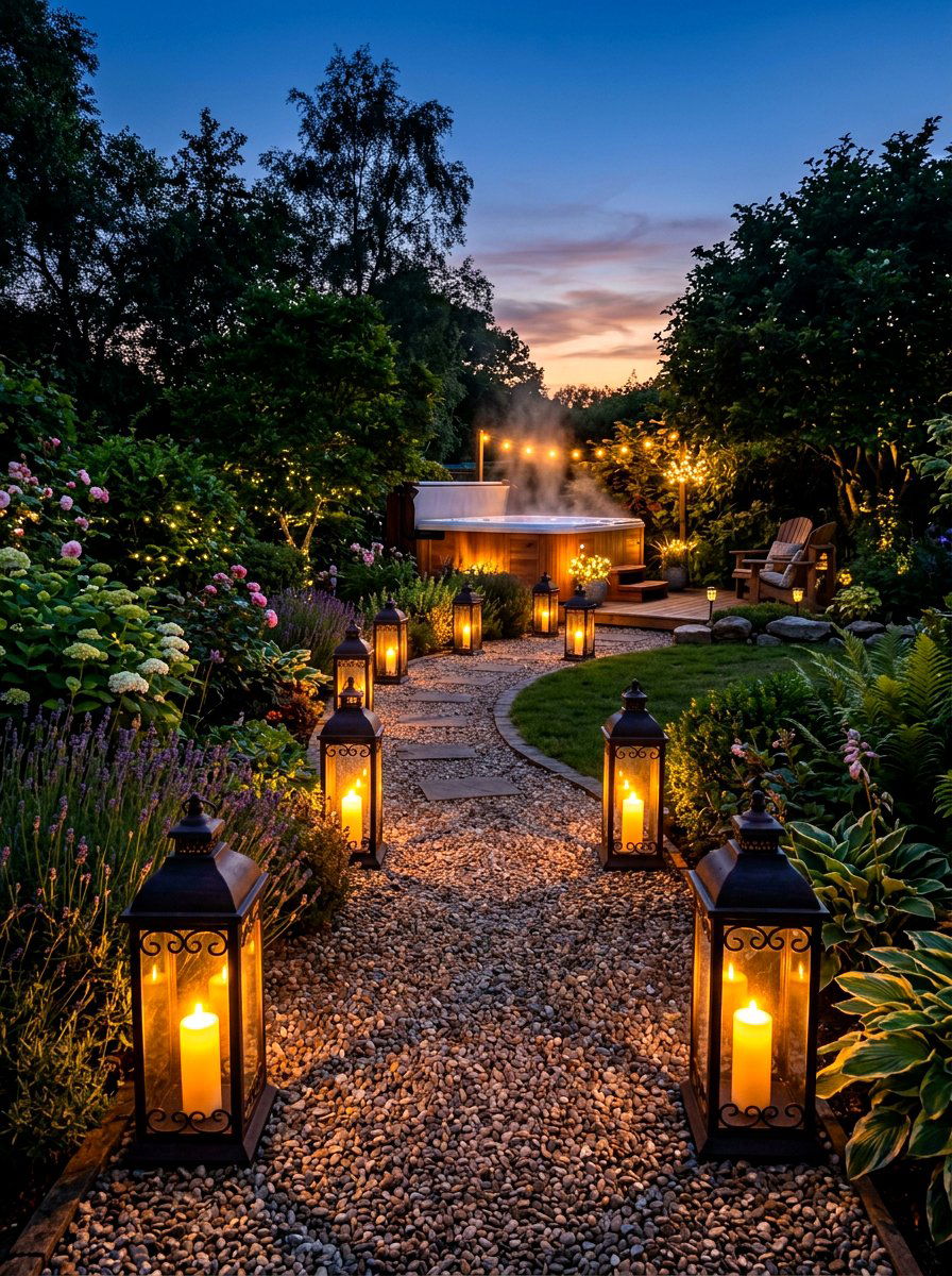 Lantern Path Lighting - 30 hot tub patio decor ideas aesthetic