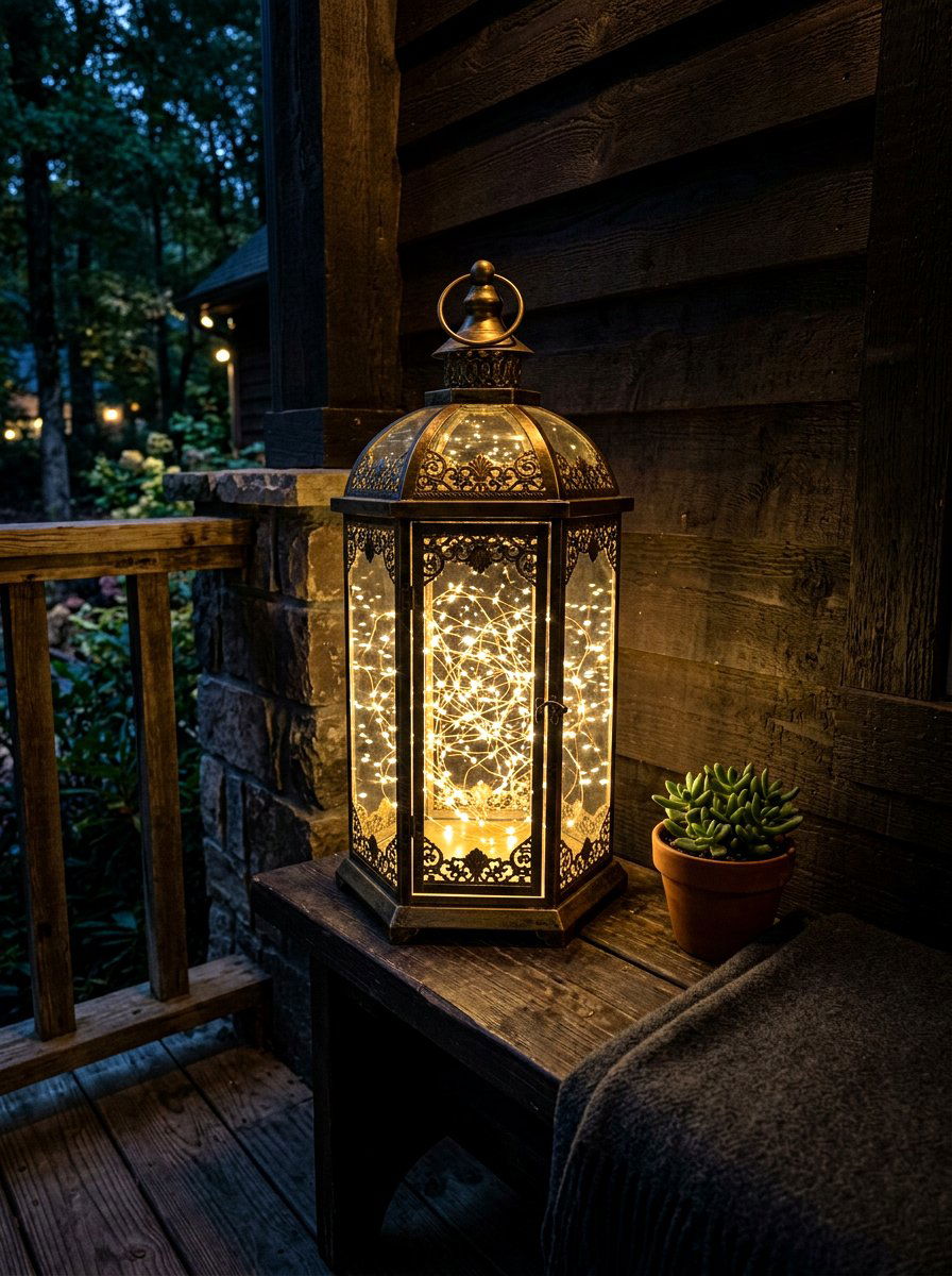 Lantern With Battery Operated Fairy Lights - 30 winter porch lantern ideas
