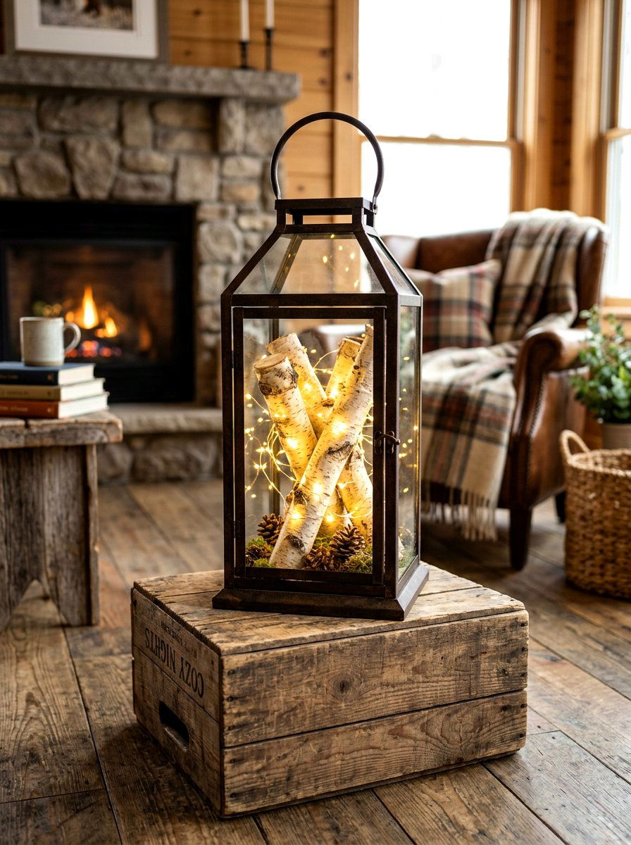 Lantern With Birch Logs And Twinkle Lights - 30 winter porch lantern ideas