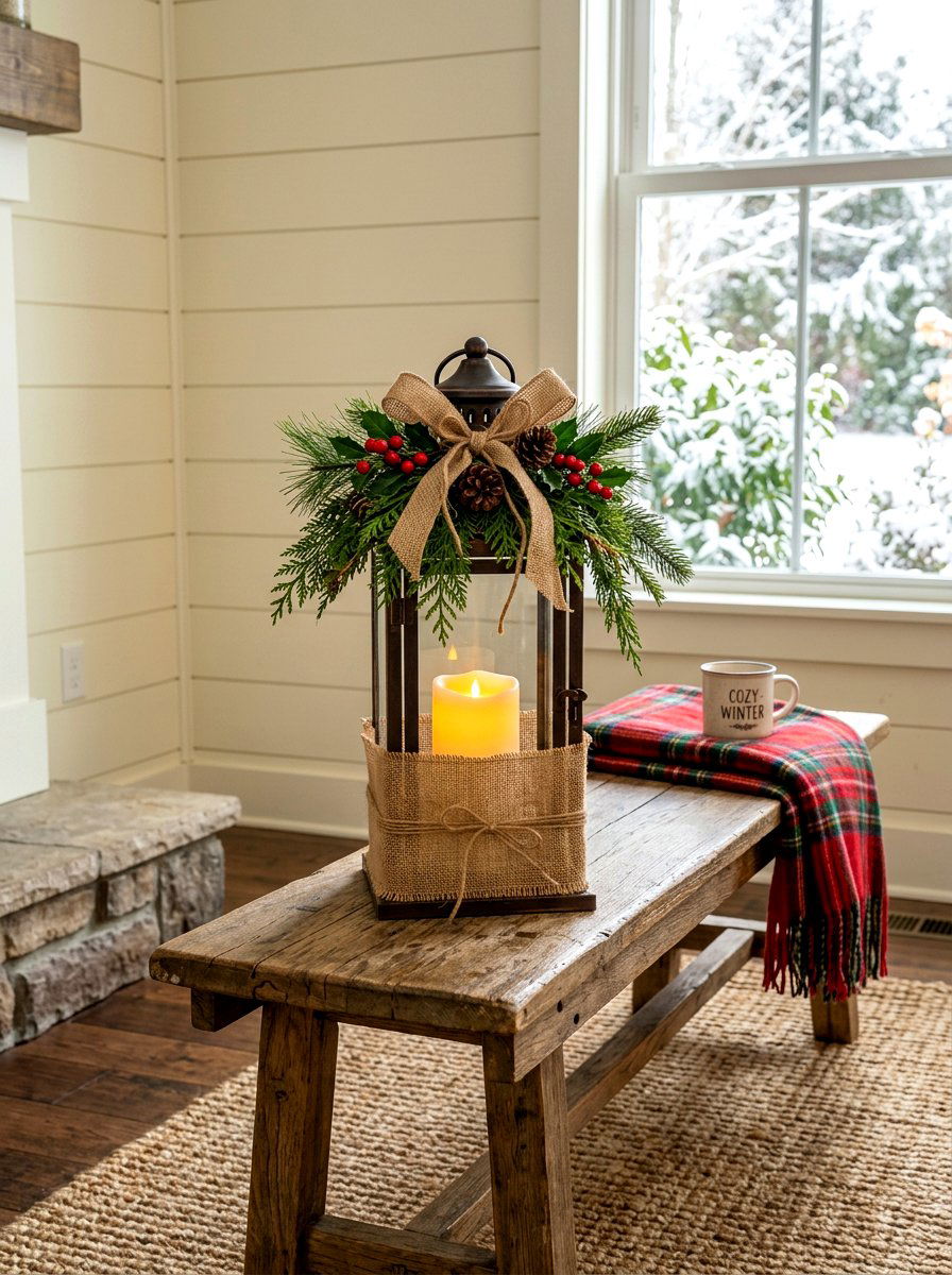 Lantern With Burlap And Winter Greens - 30 winter porch lantern ideas