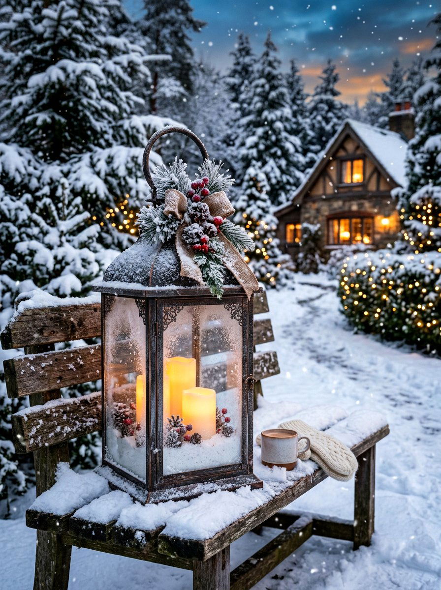 Lantern With Faux Snow And Candles - 30 winter porch lantern ideas
