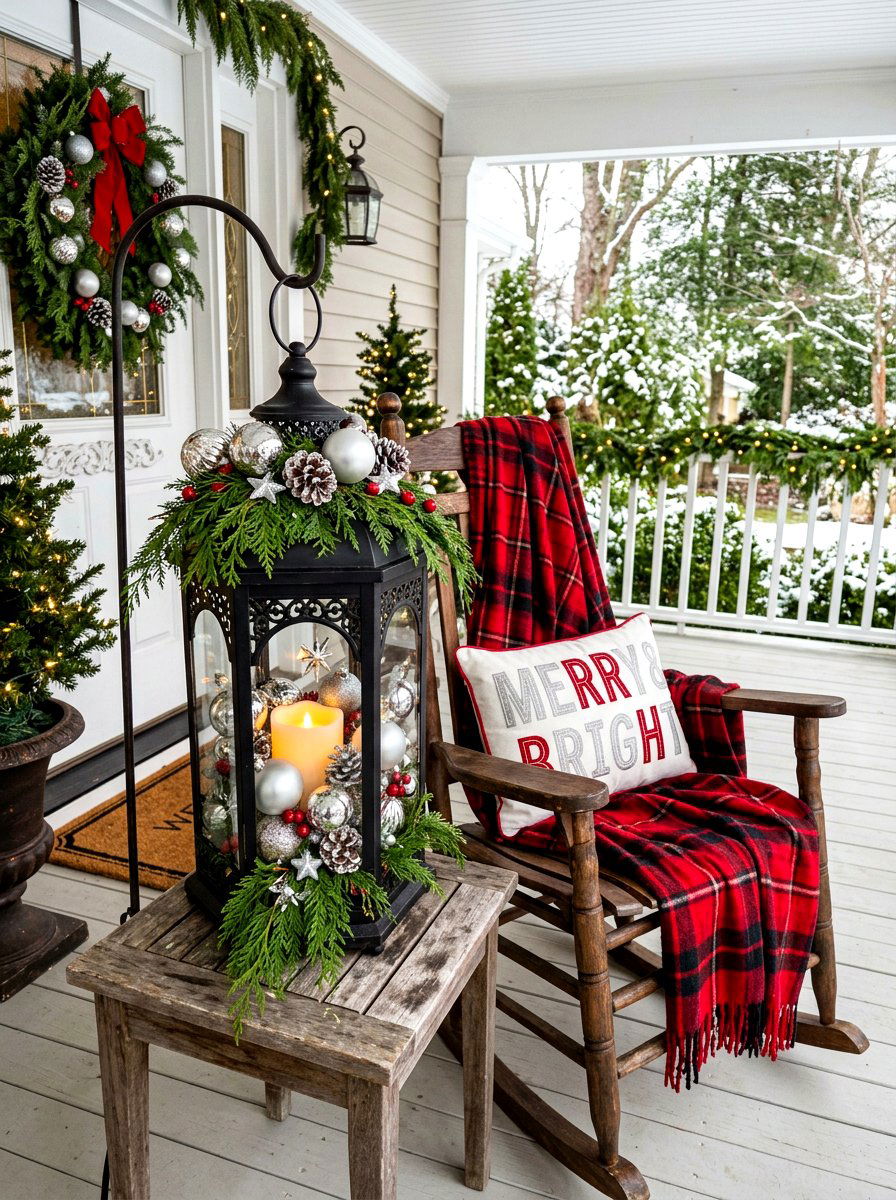 Lantern With Ornaments And Cedar - 30 winter porch lantern ideas