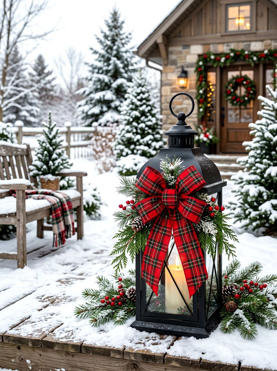 Lantern With Plaid Ribbon Accents - 30 winter porch lantern ideas