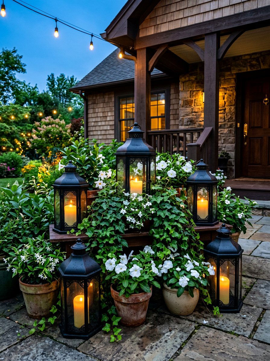 Lantern and Greenery Display - 30 porch planter arrangement ideas